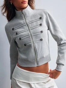 Willow Rêve Women's Light Grey Fitted Zip-Up Sweatshirt,Decorative Buttons,Mock Neck,Long Sleeves,Minimalist Casual Autumn For Daily,Travel,Women's Sweatshirts - Light Grey - View 4