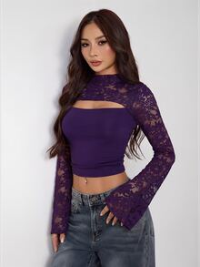 SHEIN PETITE 女款性感短版蕾絲鏤空上衣 - 紫色 - 查看 8
