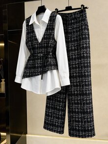 Modelyn Setelan Kasual 2 Potong Wanita Ukuran Besar dengan Atasan Lengan Panjang dan Celana Motif Patchwork 2 in 1 - Hitam dan Putih - View 6