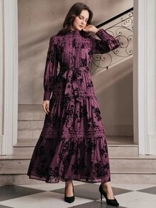 Anewsta Autumn/Winter Fashion New Satin Layered Flocked Floral Patchwork Multi-Layer Ruffle Small Stand Collar Long Sleeve Dress - Purple - View 7