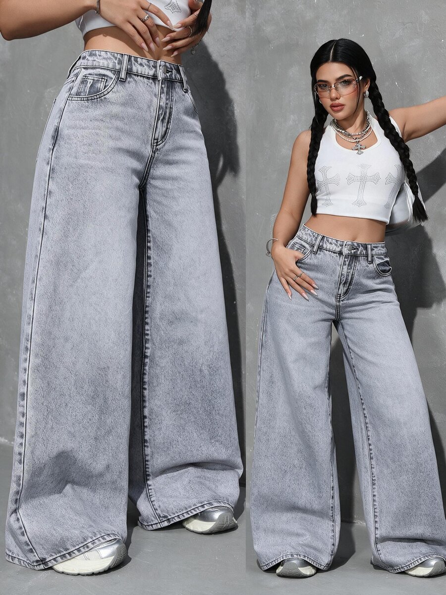 SHEIN Tall 女款極簡時尚拉鍊門襟寬鬆直筒牛仔褲，適合日常穿著 - 淺灰色 - 查看 1