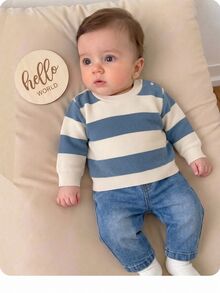 Newborn Baby Minimalist Striped Round Neck Winter Top And Pocket Denim Pants Set - Dusty Blue - View 2