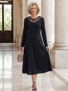 EMERY ROSE Elegant Contrast Lace Round Neck Long Sleeve Dress For Middle-Aged And Elderly Women - Black - View 4