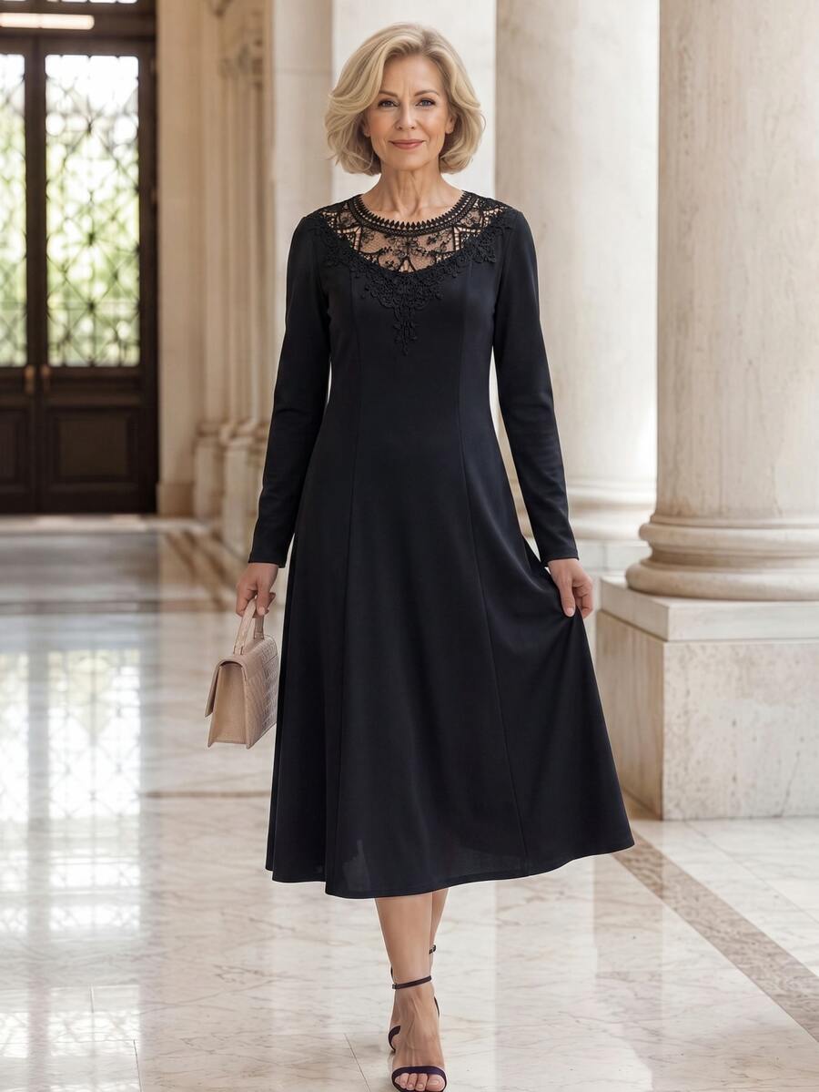 EMERY ROSE Elegant Contrast Lace Round Neck Long Sleeve Dress For Middle-Aged And Elderly Women - Black - View 1