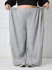 SHEIN CURVE+ Plus Size Women's Solid Color Side Waist Knot Wide Leg Pants, Casual Versatile All-Match Style For Autumn/Winter, Suitable For Daily Wear - Grey - View 7