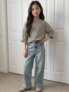 DAZY (Tween Girl) 杏色針織條紋短袖圓領秋季燈籠袖寬鬆T恤 - 卡其色 - 查看 5