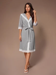 Lazeform Women's Gray Casual Loose Hooded Waffle Knit Lace Trim Short Robe - رمادي - مشاهدة 4