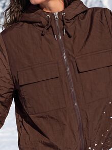 Exploreva Winter Brown Hooded Double Pocket Striped Contrast Cuff Waist-Cinching Hem Padded Coat - Coffee Brown - View 6