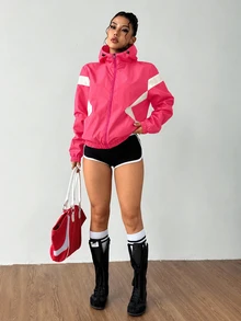Exploreva Exploreva Women's Striped Colorblock Zip-Up Hooded Sports Jacket - Watermelon Pink - View 4