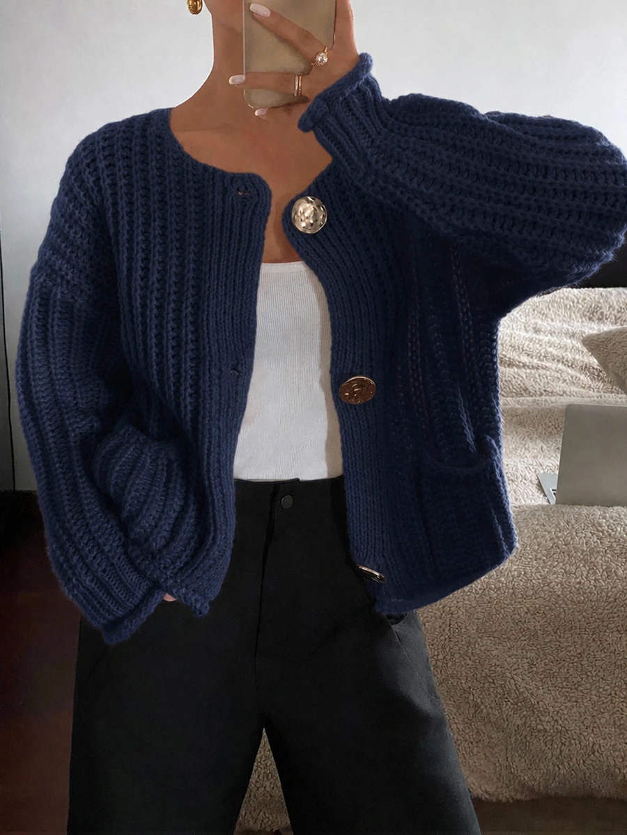 Siren Gaze 女款純色前開扣長袖休閒襯衫,秋冬棕色針織毛衣 - 藏蓝色 - 查看 1