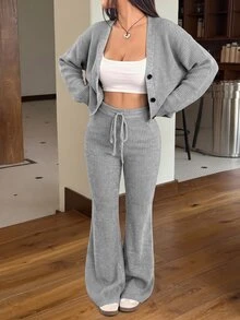 SHEIN EZwear 2件組女款休閒純色寬肩帶開襟衫與抽繩腰喇叭褲套裝，適合秋季/旅行，黑色 - 淺灰色 - 查看 4