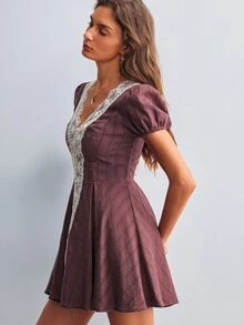 Willow Rêve Women's Lace Patchwork Brown Chiffon Mini Dress - Brown - View 5