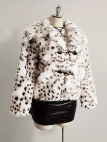 SHEIN ICON Plus Size Women's Leopard Print Casual Versatile Faux Fur Coat - Black and White - View 6