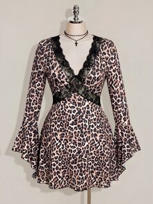 SHEIN ICON Women's Plus Size Lace Patchwork Leopard Print Dress - Khaki - View 3