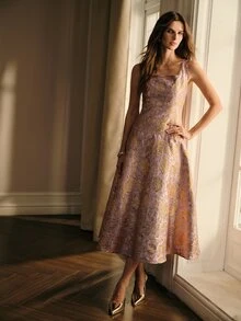 MOTF PREMIUM ELEGANT JACQUARD MID-LENGTH DRESS FOR WOMEN - Purple - View 6