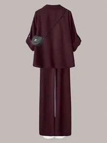 SHEIN LUNE 大尺碼女款休閒兩件套，純色翻袖單排扣休閒通勤襯衫與高腰寬鬆寬腿長褲套裝 - 中紫紅色 - 查看 2