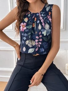 SHEIN Clasi 女款花卉印花休閒日常襯衫 - 藏蓝色 - 查看 1