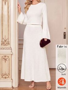 Amorya Women's Round Neck Flared Sleeve Top & A-Line Skirt Winter Fuzzy Soft 2 Pieces Set - White - View 3