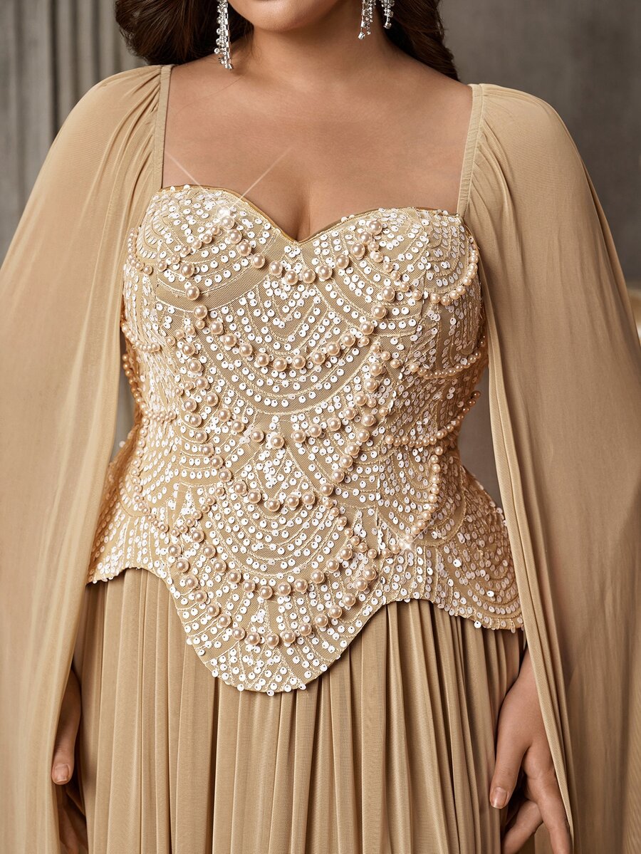 Aureia Plus Size Elegant Glamorous Champagne Beaded Patchwork Mesh Computer Embroidery 2 In 1 Cinched Waist A-Line Heavy Embellished Evening Gown For Important Occasions - Champagne - View 1