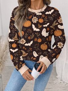 Comfylo Brown Pumpkin Maple Leaf Floral Casual Minimalist Plus Size Sweatshirt Suitable For Holiday Wear - Multicolor - View 6