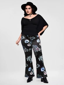 ROMWE Gothic Style Black Background Bright Floral Pattern Flared Leg Plus Size Women's Pants - Black - View 4