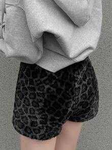 FRIFUL Women's Leopard Print Faux Fur Fashion Sexy Versatile Shorts Lounge Dark Grey Autumn - Brown - View 6