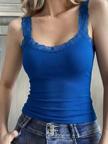 Strévra Women's Solid Color Lace Trim Fitted Casual Tank Top - Teal Blue - View 5