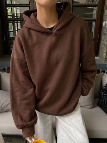 DAZY Unisex Loose Fit Hooded Casual Thermal Lined Solid Color Sweatshirt For Women - Brown - View 4
