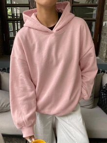 DAZY 連帽休閒保暖內裡素色中性寬鬆女款運動衫 - 粉色 - 查看 4