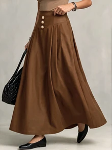 Linhara CURVE Rok Payung Model A-Line Pinggang Reguler Ukuran Plus untuk Wanita dengan Potongan Patchwork dan Gesper Dekoratif, Panjang Sedang, Rok Komuter - Coklat - View 4