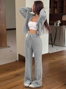SHEIN EZwear 2件組女款休閒純色寬肩帶開襟衫與抽繩腰喇叭褲套裝，適合秋季/旅行，黑色 - 淺灰色 - 查看 6