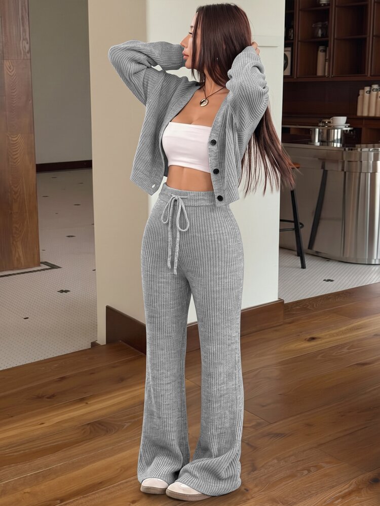 SHEIN EZwear 2pcs Women's Casual Solid Wide Strap Cardigan And Drawstring Waist Flare Pants Outfit In Autumn/ Travel Black - Light Grey - View 6