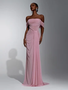 Elitara Elegant Pink Off-Shoulder Sleeveless Evening Gown With Metal Shoulder Buckle, Waist Fish-Tail Applique, Sheer Mesh Pleats, Handmade Hemp Rope Decor, Fish-Tail High Slit Side Drape, Suitable For Spring/Summer Dates, Vacations, Bachelorette Parties, Weddings, Events, Graduation, Back To School, Heavy Embellished Formal Party - Dusty Pink - View 3