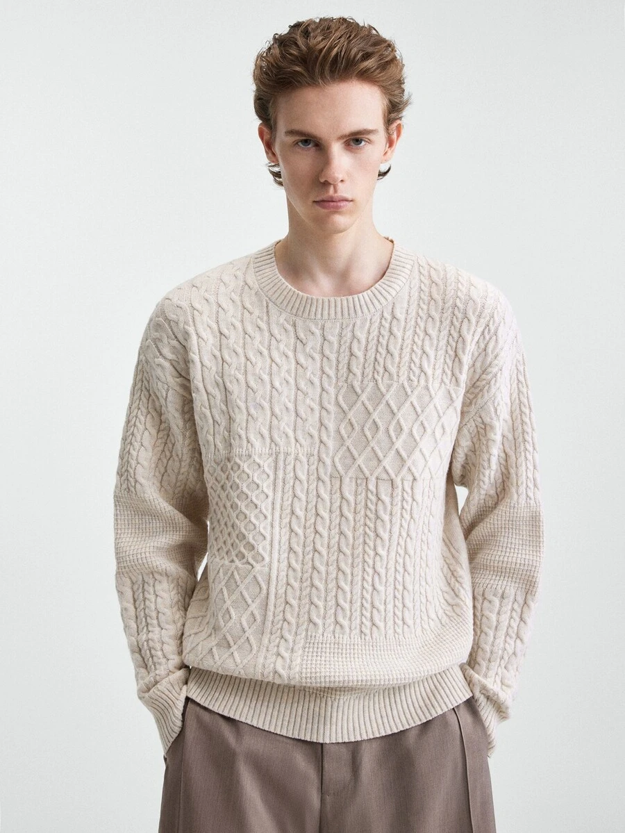RONVEXI Men's Cable Knit Crew Neck Long Sleeve Casual Versatile Sweater Long Sleeve Top Autumn Pull - Apricot - View 1