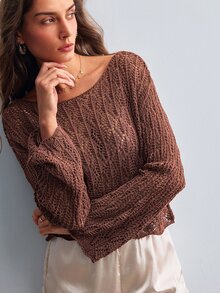 Willow Rêve Women's Solid Color Casual Daily Knit Top - Brown - View 3
