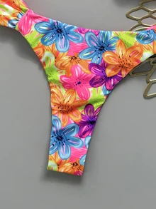 SHEIN Swim Women's Sexy Beach Vacation Bikini Set, Spring/Summer, Multi-Color Fashion Popular Colors, Halter Tie + Back Tie Bikini Top, Sexy Ruched Back + Side Ruched Waist Design Bikini Bottom, Street Style Music Festival Party Pool Swimsuit - Multicolor - View 5
