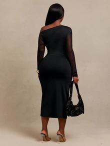 SHEIN SXY Black High Elasticity Knit Mesh Patchwork Asymmetric Neckline Long Sleeve Fitted Midi Dress - Black - View 2