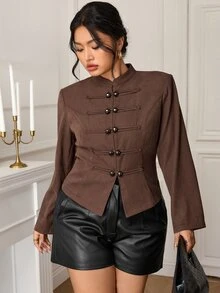 EastFlair Plus Size Women's Solid Color Casual Daily Long Sleeve Jacket - Brown - View 3