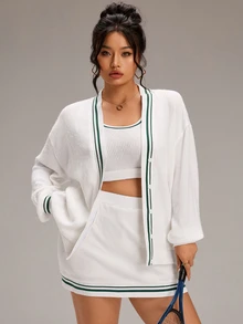 EMERY ROSE Plus Size Contrast Color Wide Strap Tank Top & Bodycon Mini Skirt & Knit Cardigan, Suitable For Sports Wear - White - View 7