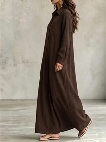 EMERY ROSE Plus Size Women's Autumn Fashion Casual Loose Everyday All-Match Versatile Small V-Neck Brown Batwing Sleeve Dress - Brown - View 4