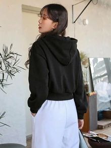 DAZY Women's Solid Color Cropped Sweatshirt - Black - View 2