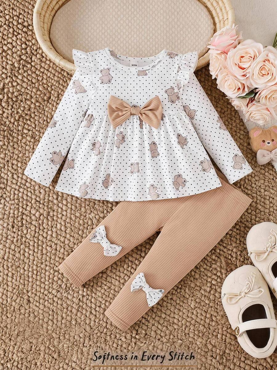 Cozy Pixies Baby Girl Knitted Bear Pattern Round Neck 3D Bow Ruffle Casual T-Shirt And Long Pants 2 Pieces Set - Multicolor - View 1