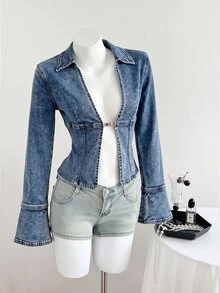 Elamini Women's Sexy Fashion Metal Decor Long Sleeve Denim Top - Blue - View 1