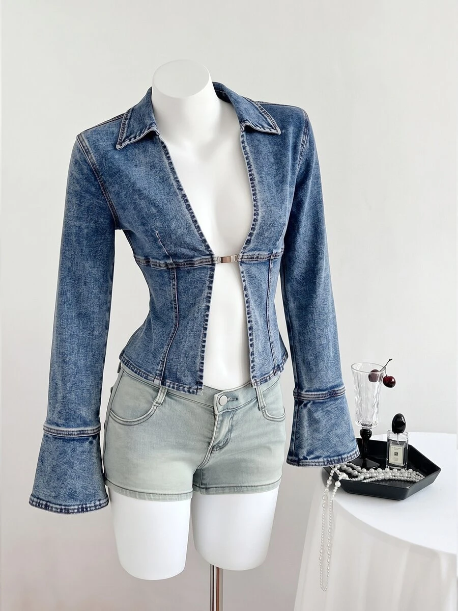 Elamini Women's Sexy Fashion Metal Decor Long Sleeve Denim Top - Blue - View 1