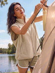 Exploreva Women's Outdoor Zipper Pocket Vest Jacket - Apricot - View 5