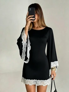 Selianne Women's Elegant Knitted Long Sleeve Bell Sleeve Lace Decor Dress - Black - View 5