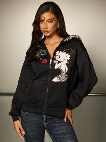 Betty Boop x SHEIN Women's Cartoon Pattern Casual Daily Sweatshirt - Black - View 4