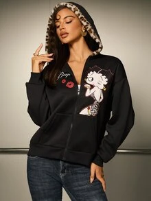 Betty Boop x SHEIN Women's Cartoon Pattern Casual Daily Sweatshirt - Black - View 3