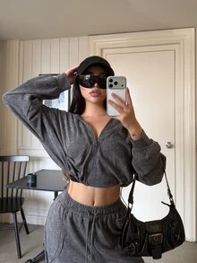 DAZY Women's 2pcs Set Gray Short Zip-Up Hoodie With Drawstring And Wide Leg Long Pants, Washed Distressed Street Casual Sportswear, Autumn/Winter - Grey - View 9