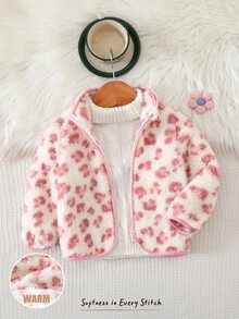 Cozy Pixies 女嬰花卉印花抓絨內裡圓領長袖夾克，百搭舒適秋冬女童外套 - 淺粉色 - 查看 7